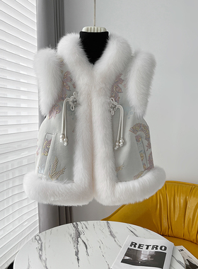 2024秋冬新款国风马甲进口狐狸毛皮草外套女时尚年轻内胆鹅绒背心
