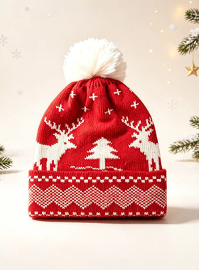 Cross border Christmas hat scarf two-piece set, red knitted