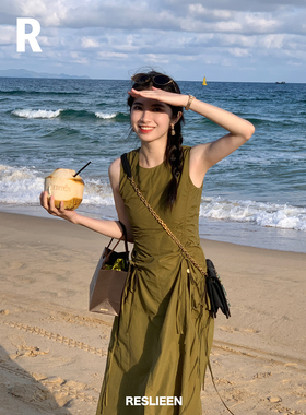 RESLIEEN「tara」浓郁焦茶绿复古法式时髦文艺抽绳小众设计背心裙