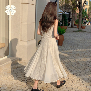 浪漫高级感背心长裙连衣裙 RESLIEEN「雪柳」亚麻法蕾双色镂织法式