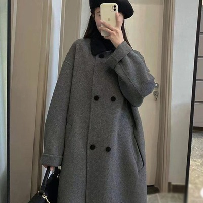 双面羊绒大衣女秋冬爆款韩系高级感灰色中长款小个子加厚毛呢