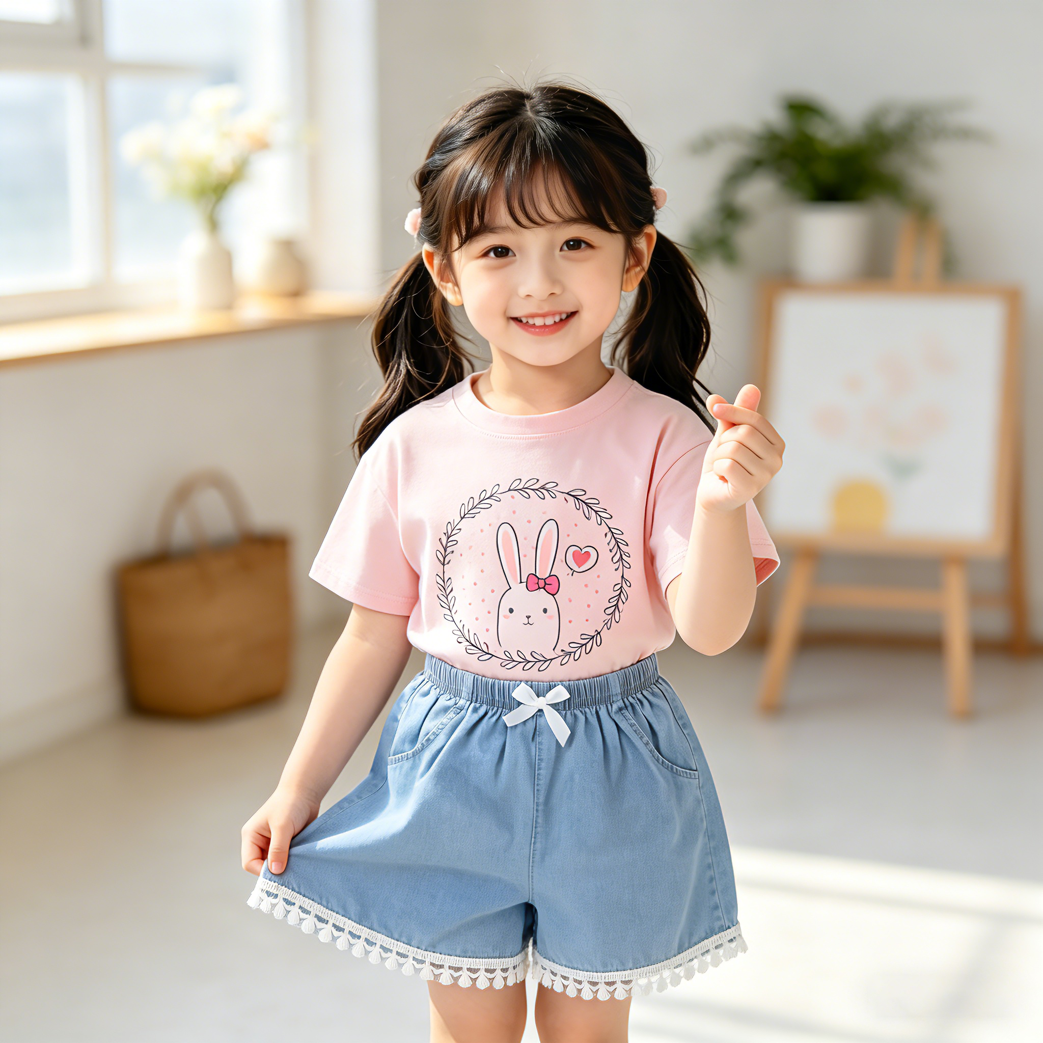 唯可小童女童蕾丝牛仔短裤显瘦