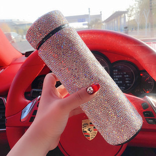 温度显示保温杯网红情侣便携杯子创意新款 高档不锈钢满镶钻水杯女