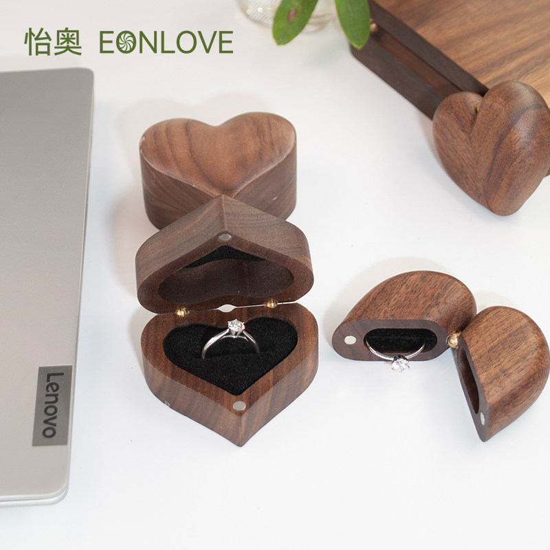 爱心戒指盒展示求婚结婚情侣仪式创意定制可爱钻戒盒木质单戒盒图片