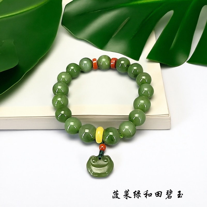 天然和田碧玉串珠手链圆珠菠菜绿老坑冰底老型珠玉石手串女手链