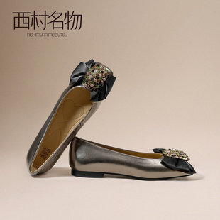 西村名物法式2026年夏季新款水钻蝴蝶结平底百搭浅口单鞋女
