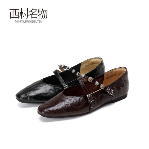 西村名物真皮复古平底玛丽珍鞋