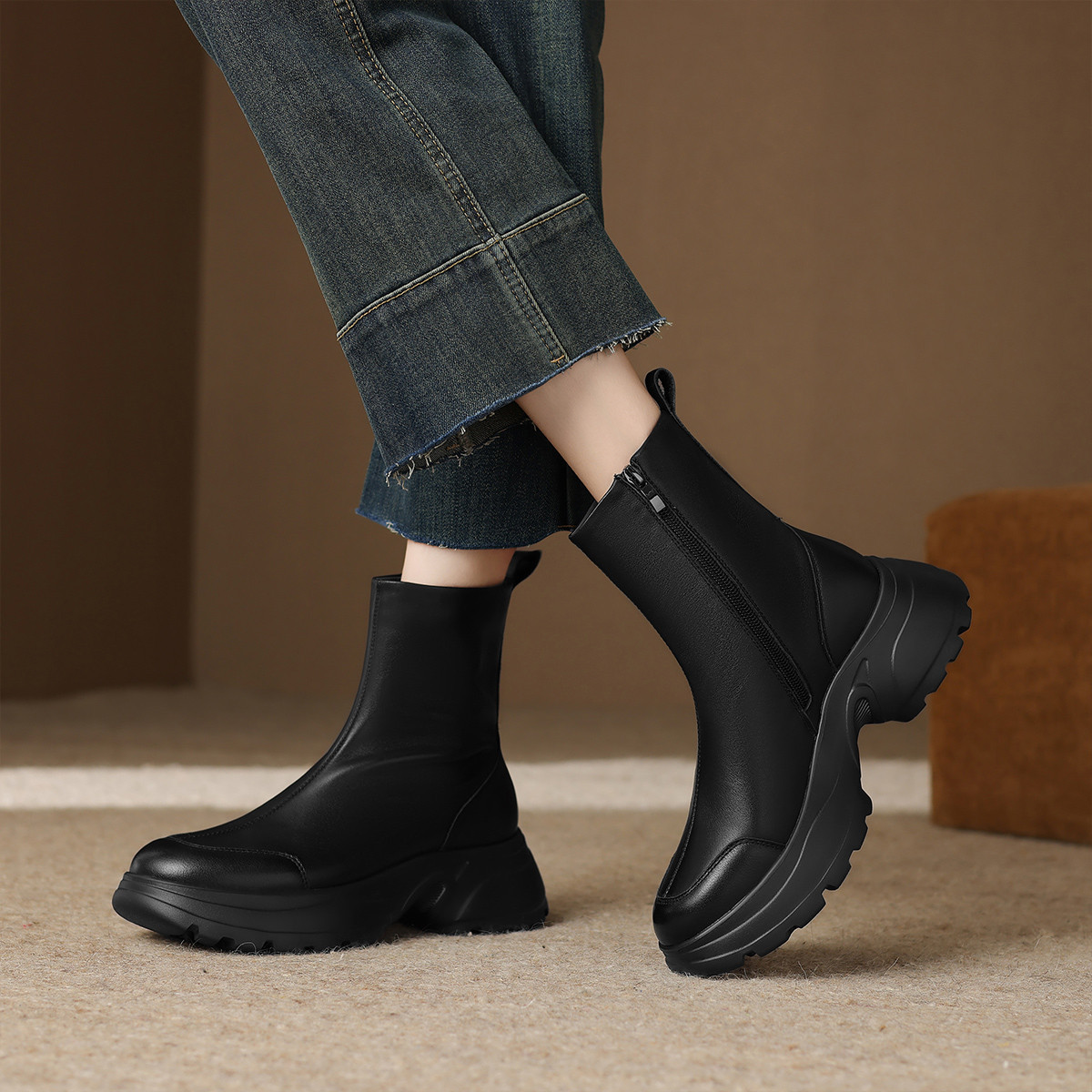 西村名物厚底短靴女真皮时装靴