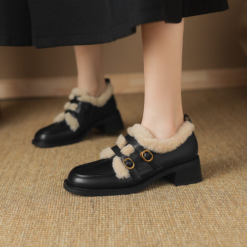 西村名物欧美复古加绒深口单鞋女