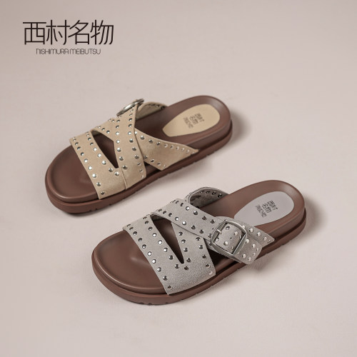 西村名物真皮厚底铆钉勃肯一字拖
