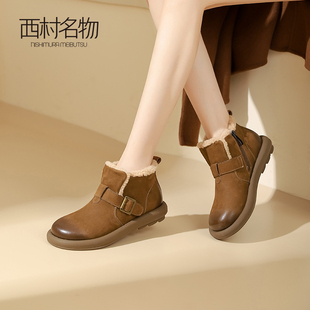 西村名物2024新款冬季棉鞋加绒鞋毛毛鞋女厚底大头雪地靴短靴真皮