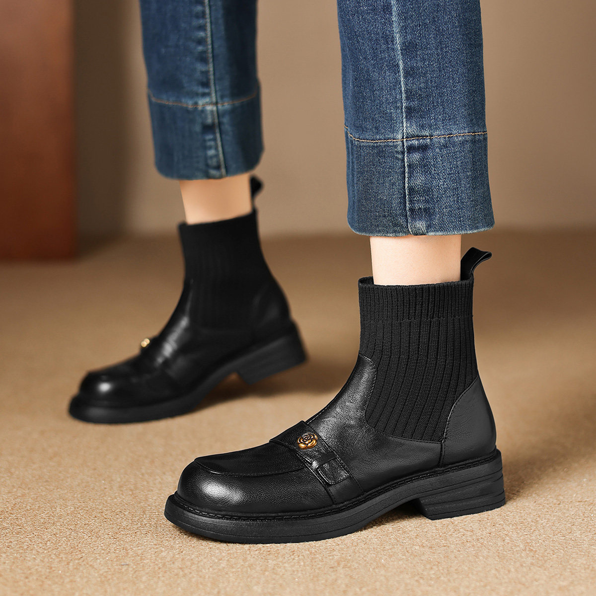 西村名物古山茶花乐福鞋2025秋冬新款小个子厚底粗跟针织弹力靴女,女鞋,弹力靴/袜靴,淘宝优惠券,粉丝福利购,淘宝优惠卷