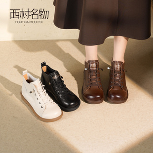 西村名物英伦复古马丁靴女2025秋冬新款圆头系带大头真皮短靴女