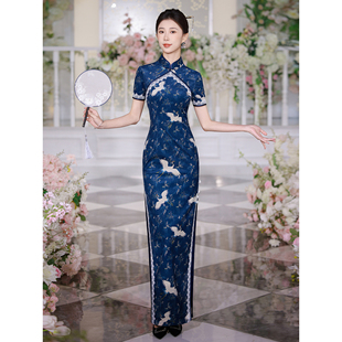 蓝裳鹤舞改良式 走秀旗袍2025新款 中国风演出服 新中式 江南春天长款