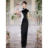 改良时尚 黑与白拼色长款 走秀新中式 长款 演出服 表演旗袍2025年新款