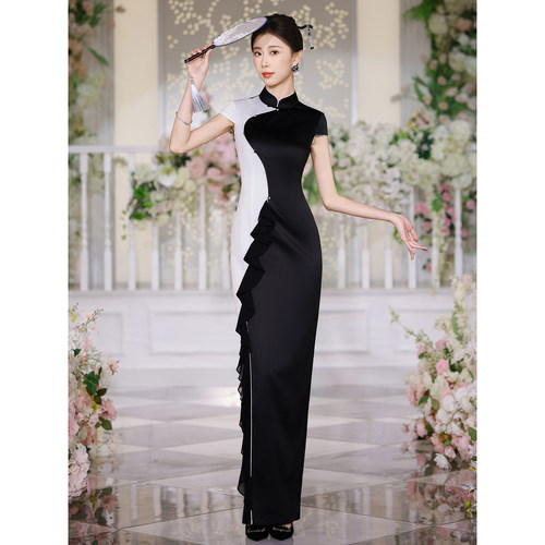 黑与白拼色高贵优雅长款走秀旗袍