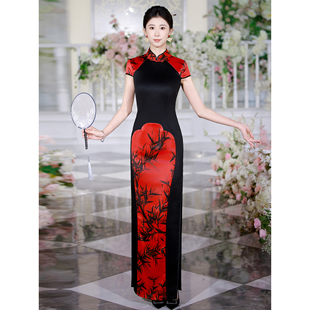 江南春天2026年春夏新款黑红色复古竹子高端走秀演出长款演出服女