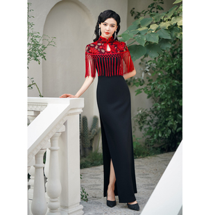 江南春天高端走秀表演旗袍2025年新款黑色弹力免烫礼服长款妈妈装