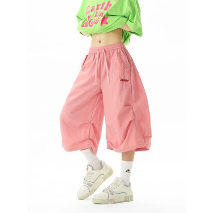 韩版多巴胺冰丝速干潮牌短裤男女情侣户外宽松休闲沙滩弯刀七分裤