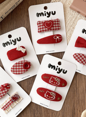 韩版甜美布艺格纹儿童bb夹百搭蝴蝶结女童侧边发夹刘海发卡发饰