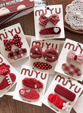 韩版甜美红色系布艺儿童蝴蝶结侧边发夹BB夹新年女童发卡百搭发饰