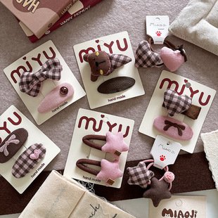 韩版布艺甜美咖粉色儿童蝴蝶结侧边发夹刘海发卡格子星星发绳发饰