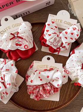 甜美红色系百搭少女樱桃格子布艺大肠发圈女孩蝴蝶结马尾肠圈发饰