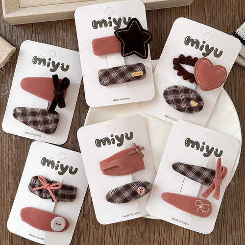 韩版新款秋冬甜美粉色格子丝绒蝴蝶结发夹边夹女孩侧边刘海BB夹