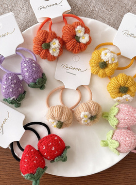 秋冬新款可爱毛线立体彩色儿童发绳头绳百搭女童草莓南瓜发圈发饰