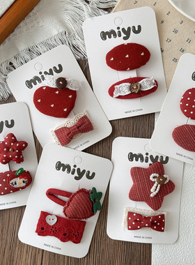 新款韩版甜美百搭新年红色苹果蝴蝶结BB夹女孩布艺波点发夹发卡