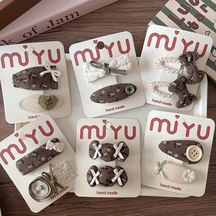 韩版 早秋新款 甜美咖色碎花蕾丝儿童压夹刘海掰掰夹百搭蝴蝶结发夹