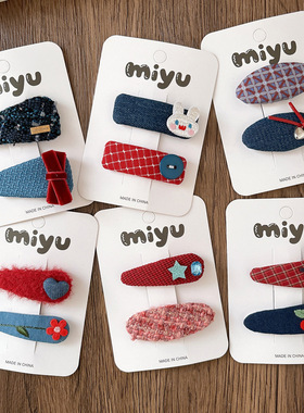 韩版新款可爱秋冬红色布艺刘海bb夹发夹百搭甜美牛仔侧边发卡发饰