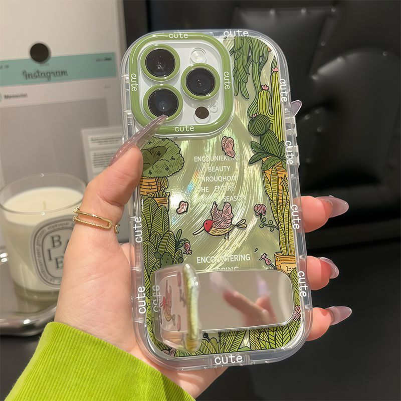 森系蝴蝶小鸟镜子支架高级适用苹果16pro手机壳iPhone15max小米14华为mate60k70p50荣耀vivox200nova13reno12