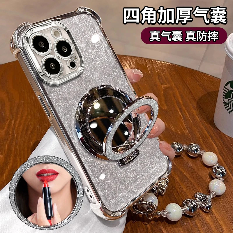 电镀防摔闪粉镜子支架新款适用苹果16Pro手机壳iPhone15max小米14华为mate60p50k70nova13荣耀vivox200magic6