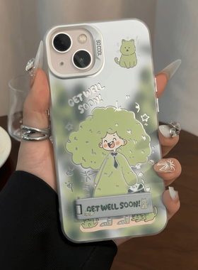 绿猫女孩带支架适用苹果15/16pro手机壳iphone13reno12小米14华为mate50荣耀100/90/80vivox70一加ace3iQOO11