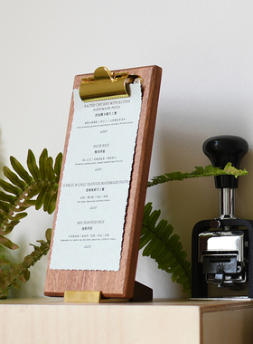 规律vintge复古金属实木小票纸张收纳夹立式二维码活页展示菜单夹