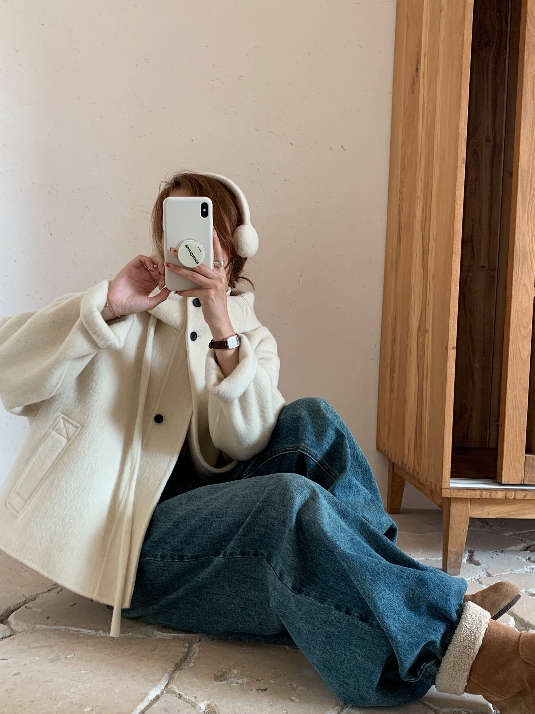 2025学院风双面羊绒大衣女短款连帽小个子显瘦羊毛大衣呢外套耳罩图片
