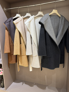 连帽双面羊绒大衣女中长款2025秋冬新款韩版小个子灰色羊毛外套女