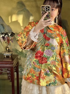 新中式 国风24K金箔苏绣24K金线凤凰孔雀鸳鸯娃娃领外套马甲套装