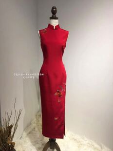 原创新中式夏姿大红色真丝重绉纯手工苏绣刺绣新娘旗袍礼服连衣裙