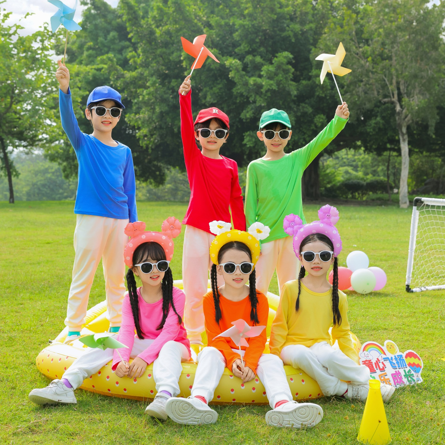 纯棉男女儿童多巴胺彩色圆领长袖t恤小学生班服幼儿园家庭亲子装