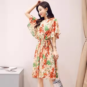 大码 清仓 女装 夏季 印花雪纺连衣裙8932 妃蝶轩 中裙子短袖 断码