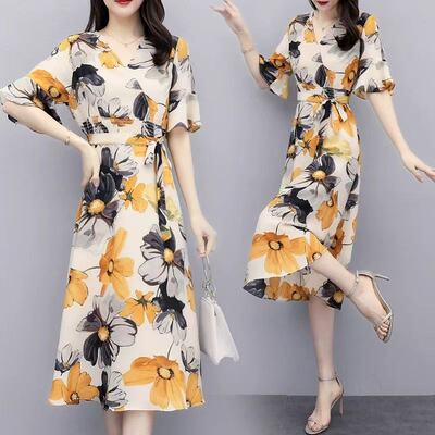 妃蝶轩【断码清仓】大码女装夏季时尚优雅雪纺印花连衣裙 7733