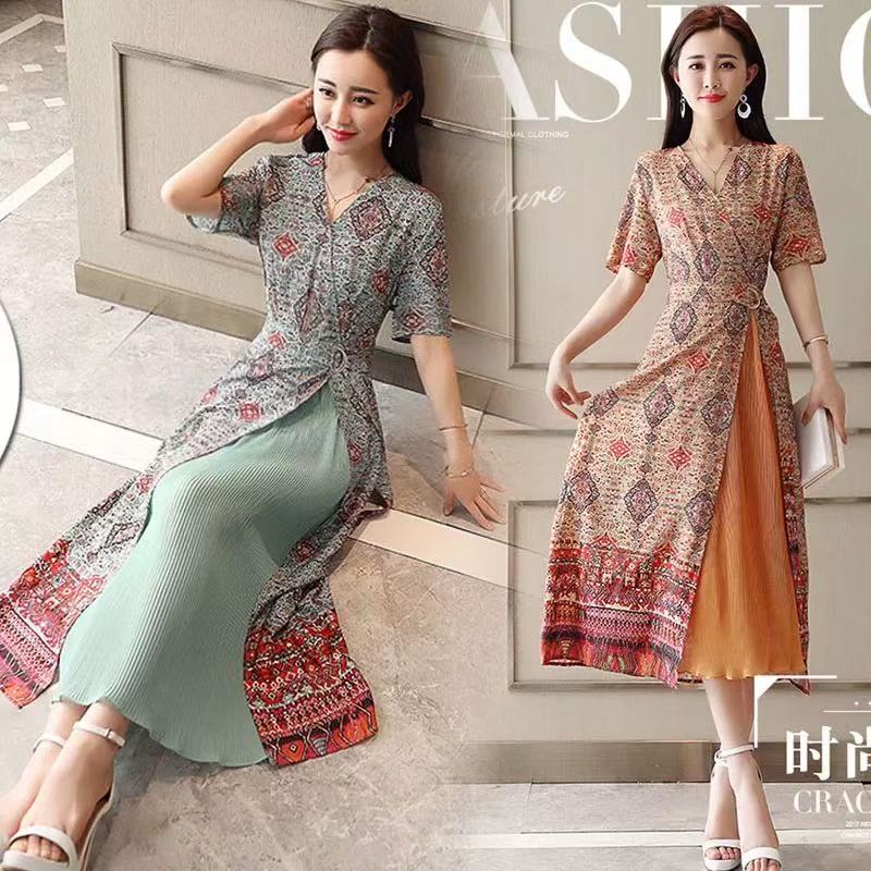 妃蝶轩【断码清仓】大码女装夏季时尚中长款短袖印花连衣裙女1859