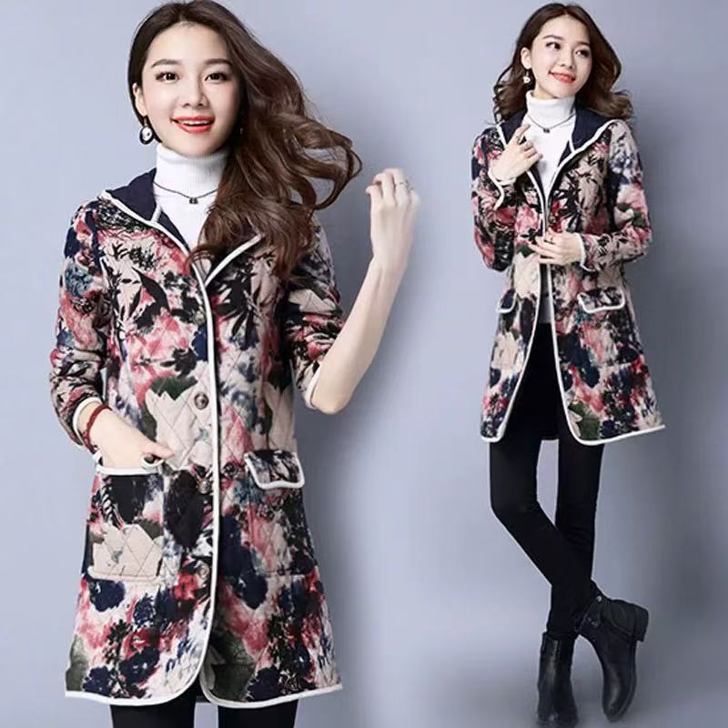 妃蝶轩【断码清仓】大码秋冬季中长款加棉加厚连帽棉衣外套女1963