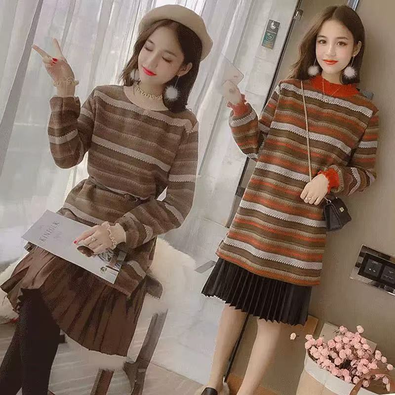 妃蝶轩【断码清仓】秋季毛衣时尚拼接条纹针织毛衣连衣裙12129