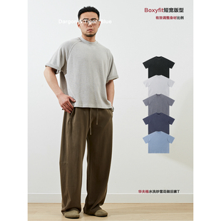 「Boxy短宽」华夫格水洗做旧美式重磅小领口纯色短袖t恤男ins潮牌