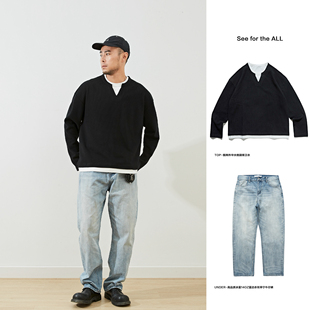 假两件 华夫格美式 cleanfit短宽小领口 长袖圆领卫衣外套男 潮牌