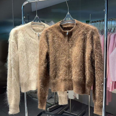 质感长存100%阿尔巴斯小山羊羊绒拉绒双拉链开衫针织百搭外套