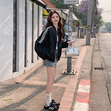 条纹拼接缎面pu皮衣外套女秋季2025优雅高级感流行学院风夹克上衣，女装短外套，世纪海洋